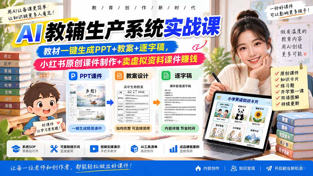 AI教辅生产系统实战课-更新0926｜教材一键生成PPT+教案+逐字稿，小红书原创课件制作+卖虚拟资料课件赚钱-云科数创