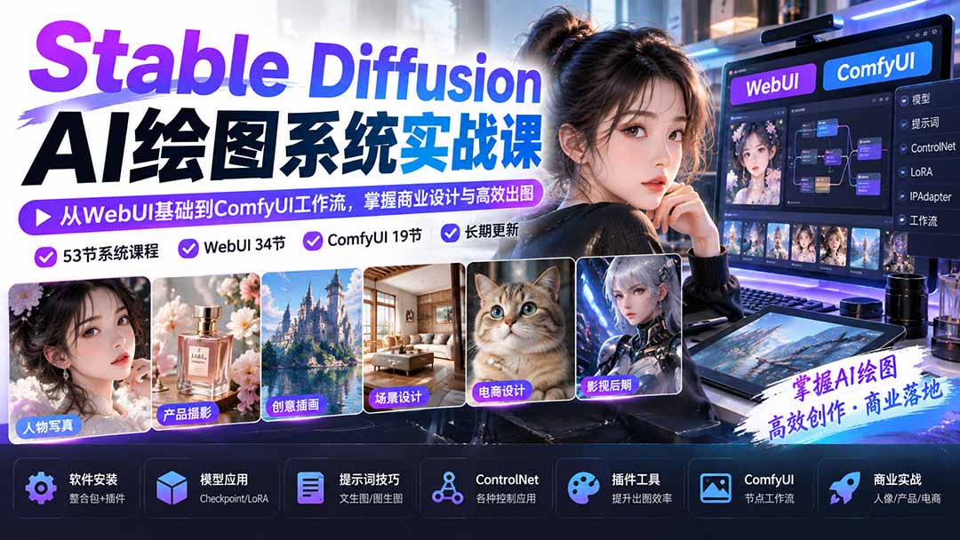 【无水印】Stable Diffusion AI绘图系统实战课：从WebUI基础到ComfyUI工作流，掌握商业设计与高效出图-云科数创