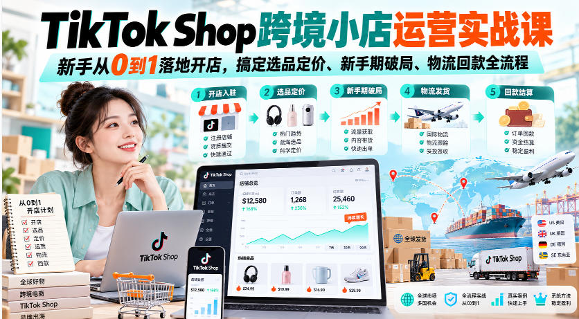 TikTok Shop跨境小店运营实战课，新手从0到1落地开店，搞定选品定价、新手期破局、物流回款全流程-云科数创