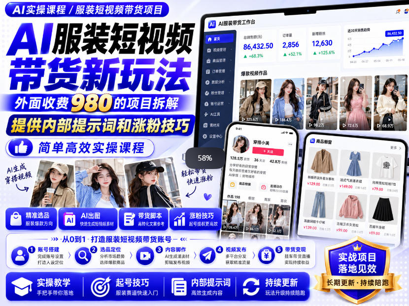 外面收费980AI快手带货系统课程，内部课程首次外放，操作简单高效，一分钟一条爆款视频-云科数创