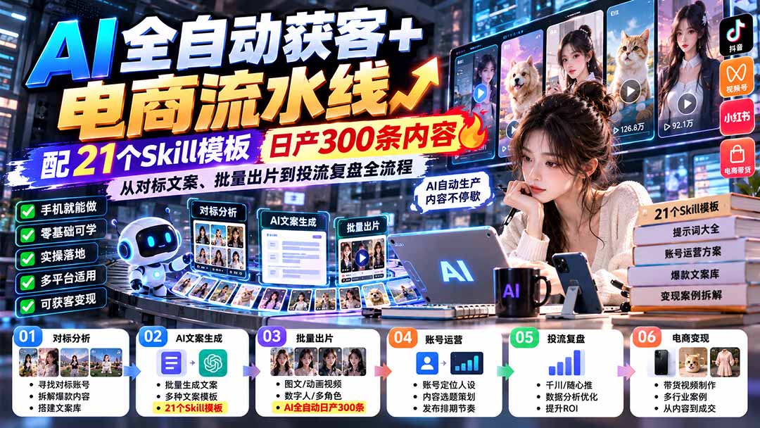 【无水印】AI全自动获客+电商流水线：配21个Skill模板，日产300条内容，从对标文案、批量出片到投流复盘全流程-云科数创