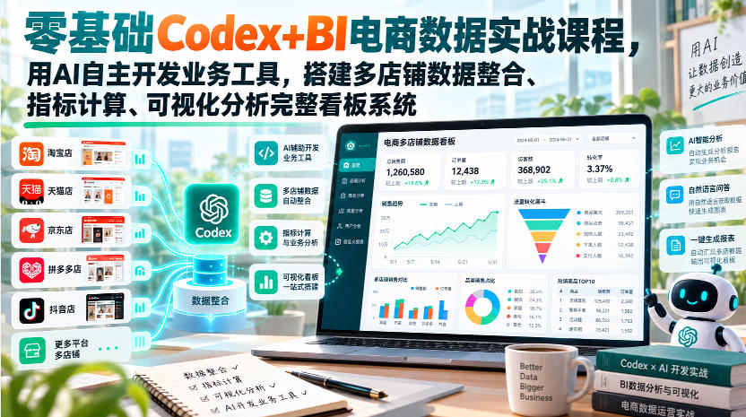 零基础Codex+BI电商数据实战课程，用AI自主开发业务工具，搭建多店铺数据整合、指标计算、可视化分析完整看板系统-云科数创