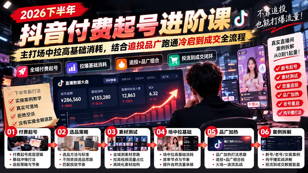 2026下半年抖音付费起号进阶课：主打场中拉高基础消耗，结合追投品广跑通冷启到成交全流程-云科数创