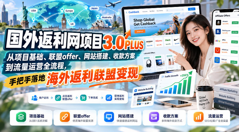 国外返利网项目3.0PLUS，从项目基础、联盟offer、网站搭建、收款方案到流量运营全流程，手把手落地海外返利联盟变现-云科数创