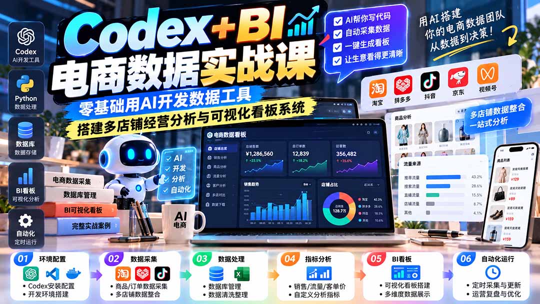 Codex+BI电商数据实战课：零基础用AI开发数据工具，搭建多店铺经营分析与可视化看板系统-云科数创
