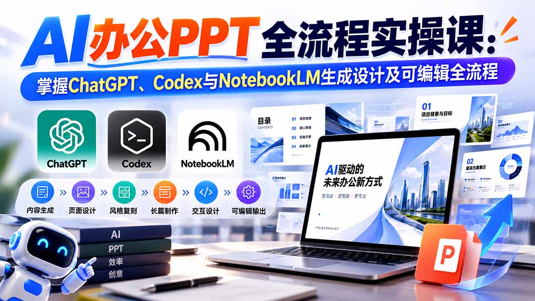 【无水印】AI办公PPT全流程实操课： 掌握ChatGPT、Codex与NotebookLM生成设计及可编辑全流程-云科数创