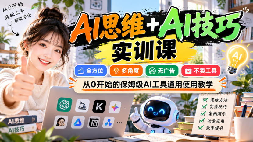 【无水印】AI思维+AI技巧实训课，全方位、多角度、无广告、不卖工具，从0开始的保姆级AI工具通用使用教学-云科数创
