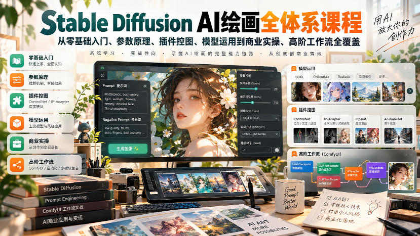 【无水印】Stable Diffusion AI绘画全体系课程,从零基础入门、参数原理、插件控图、模型运用到商业实操、高阶工作流全覆盖-云科数创