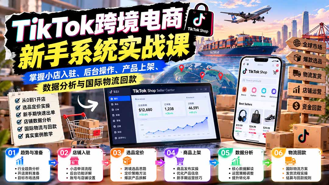 TikTok跨境电商新手系统实战课：掌握小店入驻、后台操作、产品上架、数据分析与国际物流回款-云科数创
