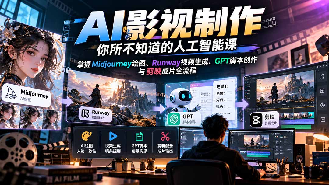 【无水印】AI影视制作-你所不知道的人工智能课，掌握Midjourney绘图、Runway视频生成、GPT脚本创作与剪映成片全流程-云科数创