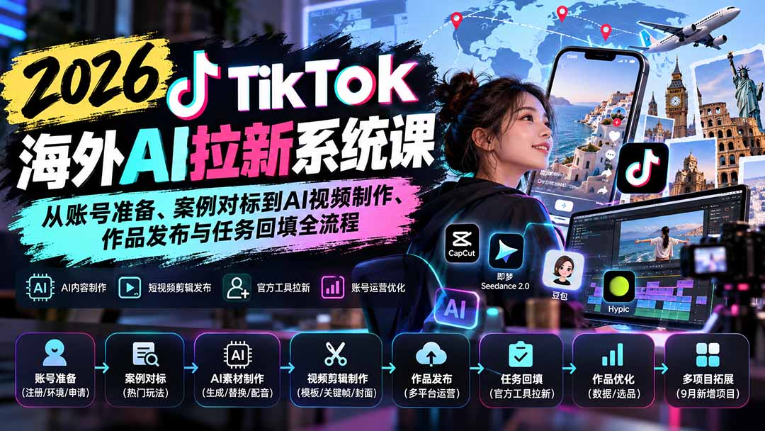 【无水印】2026 TikTok海外AI拉新系统课：从账号准备、案例对标到AI视频制作、作品发布与任务回填全流程-云科数创