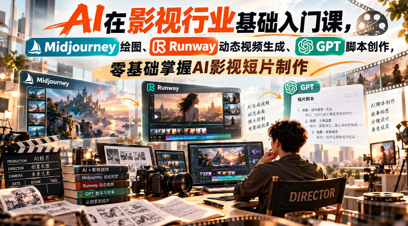 【无水印】AI在影视行业基础入门课，Midjourney绘图、Runway动态视频生成、GPT脚本创作，零基础掌握AI影视短片制作-云科数创