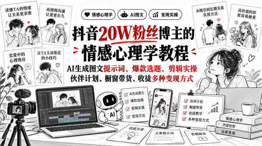抖音20W粉丝博主静候心声的情感心理学教程，AI生成图文提示词、爆款选题、剪辑实操，伙伴计划、橱窗带货、收徒多种变现方式-云科数创