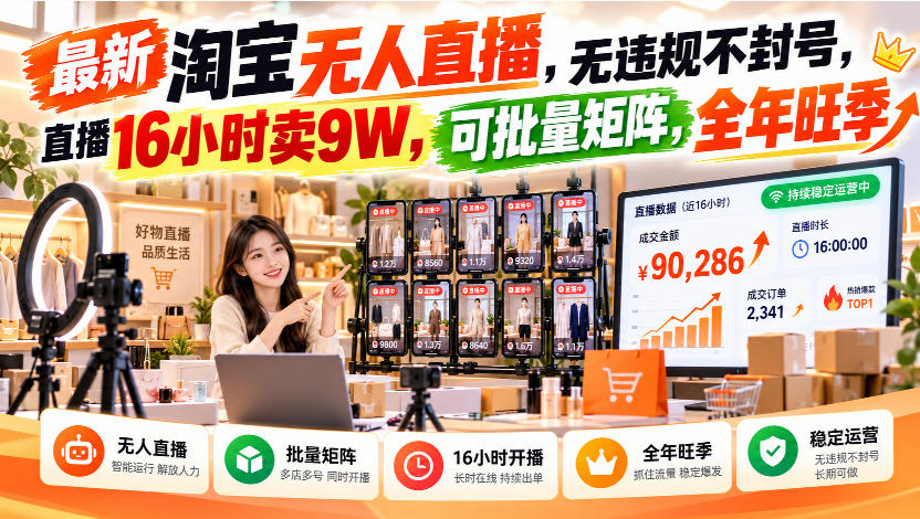 最新淘宝无人直播，无违规不封号，直播16小时卖9W，可批量矩阵，全年旺季【揭秘】-云科数创