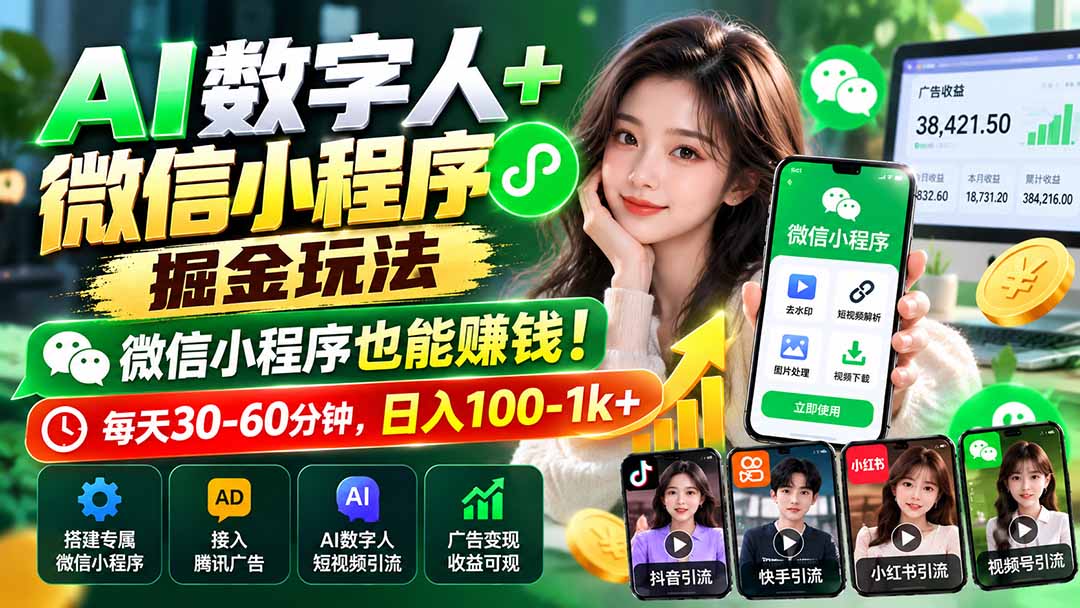 AI数字人+微信小程序掘金玩法：微信小程序也能赚钱！每天30-60分钟，日入100-1k+-云科数创