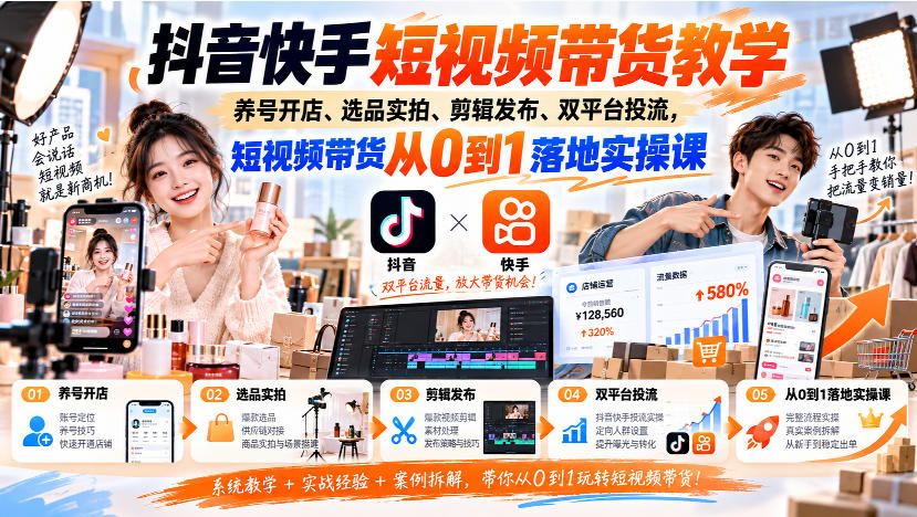抖音快手短视频带货教学｜养号开店、选品实拍、剪辑发布、双平台投流，短视频带货从0到1落地实操课-云科数创