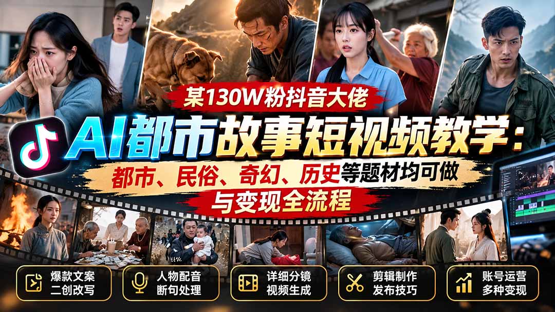 某130W粉抖音大佬AI都市故事短视频教学：都市、民俗、奇幻、历史等题材均可做与变现全流程-云科数创