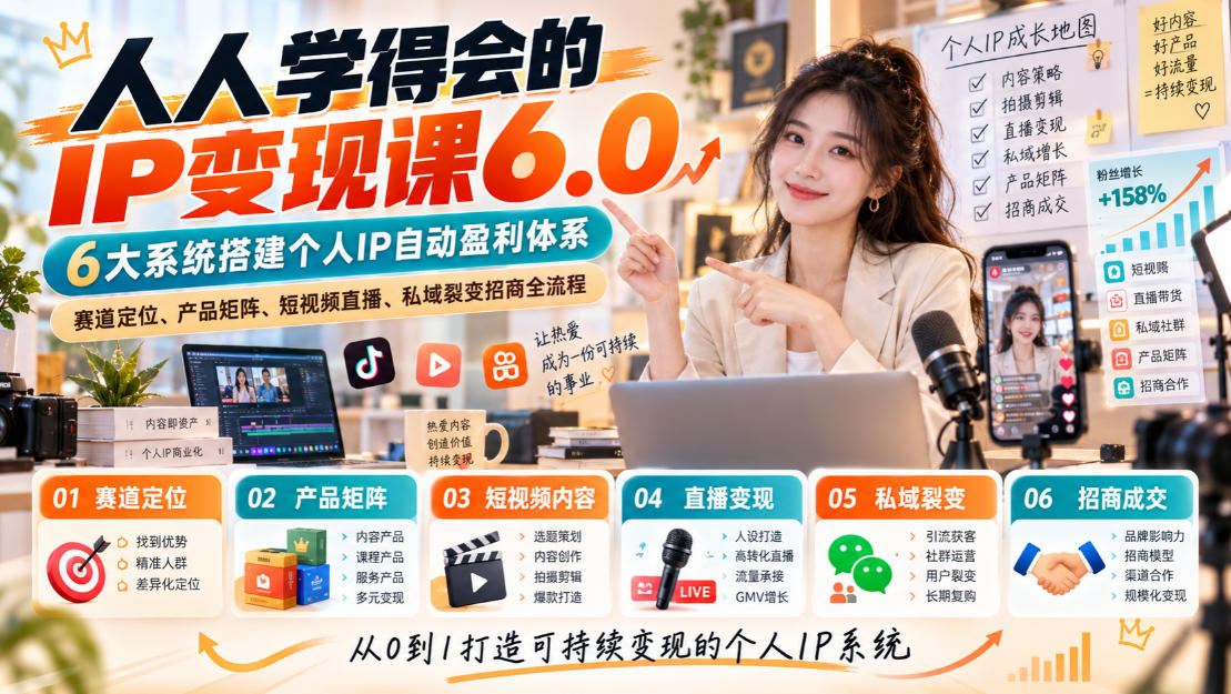 人人学得会的IP变现课6.0，6大系统搭建个人IP自动盈利体系，赛道定位、产品矩阵、短视频直播、私域裂变招商全流程-云科数创