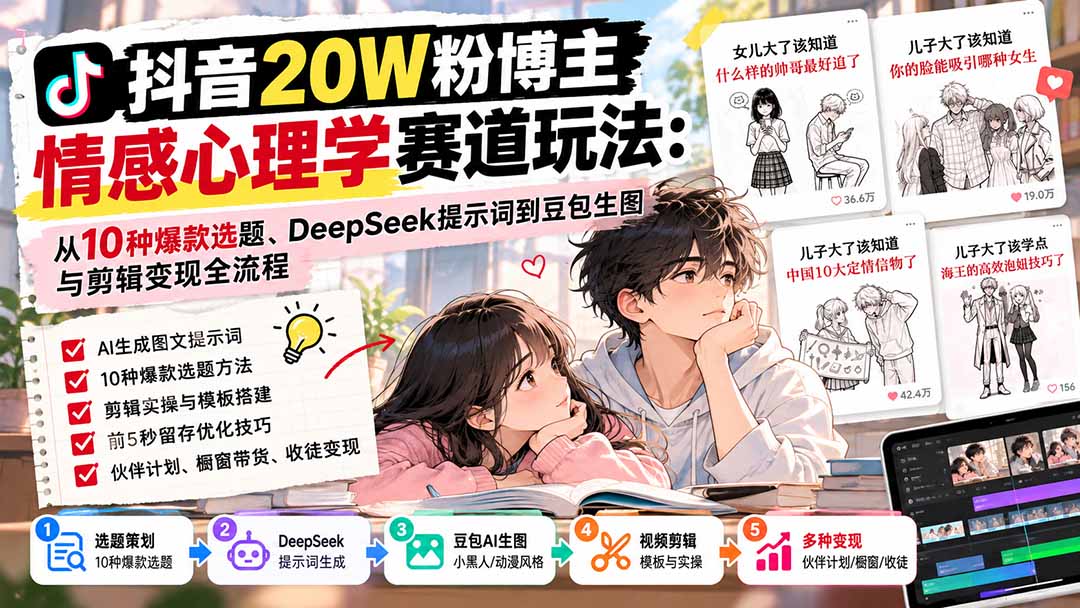 抖音20W粉博主-情感心理学赛道玩法：从10种爆款选题、DeepSeek提示词到豆包生图与剪辑变现全流程-云科数创