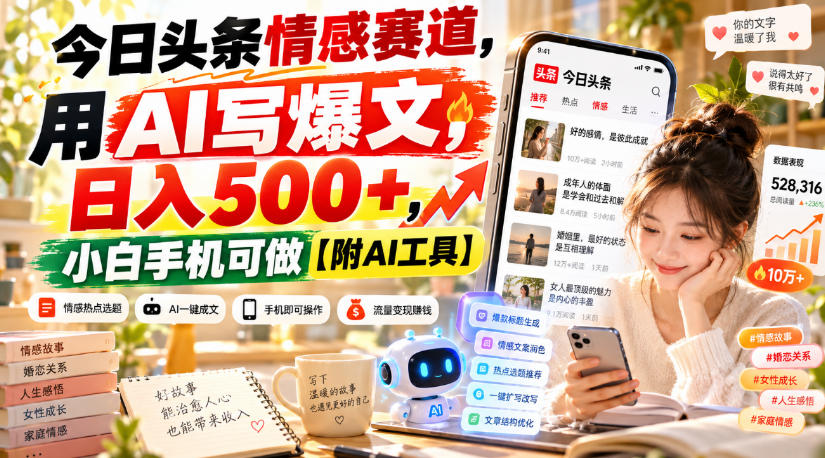 今日头条情感赛道，用AI写爆文，日入500+，小白手机可做【附AI工具】-云科数创