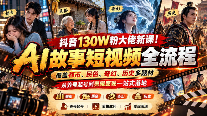 抖音130W粉大佬新课！AI故事短视频全流程，覆盖都市、民俗、奇幻、历史多题材，从养号起号到剪辑变现一站式落地-云科数创