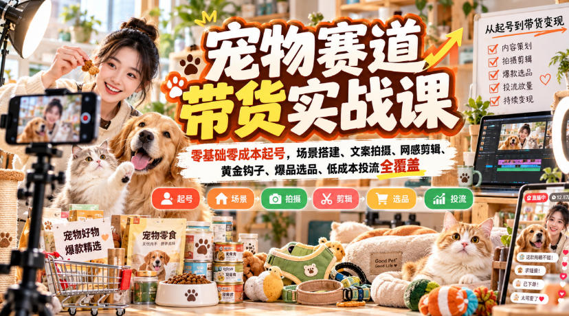 宠物赛道带货实战课，零基础零成本起号，场景搭建、文案拍摄、网感剪辑、黄金钩子、爆品选品、低成本投流全覆盖-云科数创