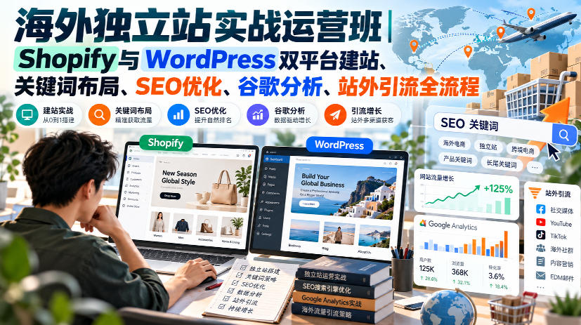 海外独立站实战运营班｜Shopify与WordPress双平台建站、关键词布局、SEO优化、谷歌分析、站外引流全流程-云科数创