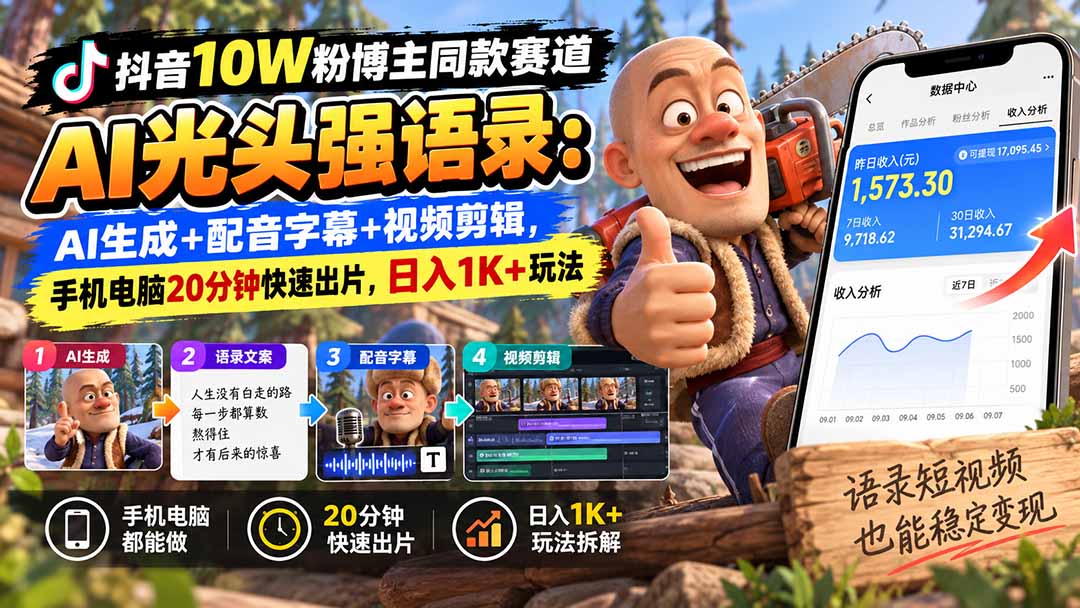 【无水印】抖音10W粉博主同款赛道AI光头强语录：AI生成+配音字幕+视频剪辑，手机电脑20分钟快速出片，日入1K+玩法-云科数创