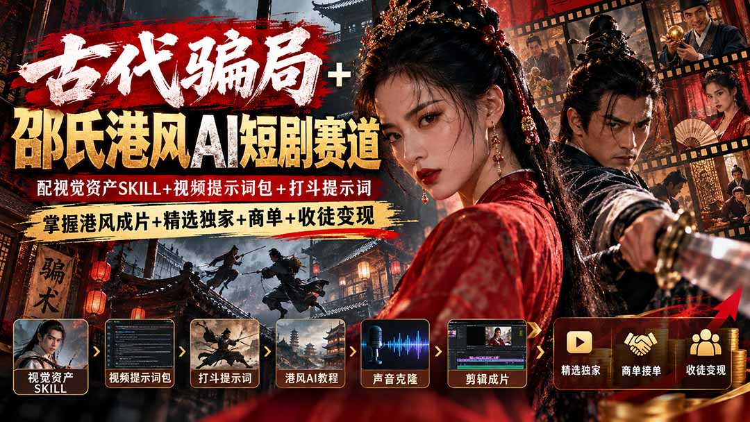 古代骗局+邵氏港风AI短剧赛道：配视觉资产SKILL+视频提示词包+打斗提示词，掌握港风成片+精选独家+商单+收徒变现-云科数创