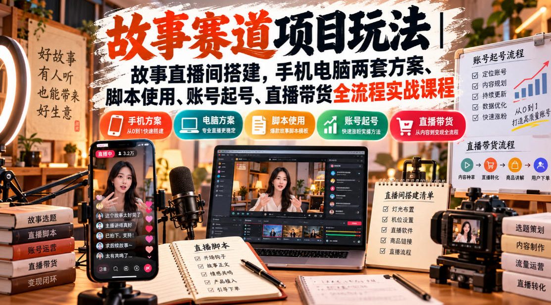 故事赛道项目玩法｜故事直播间搭建，手机电脑两套方案、脚本使用、账号起号、直播带货全流程实战课程-云科数创