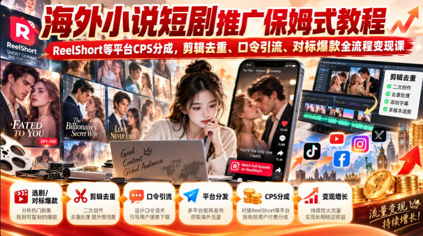 海外小说短剧推广保姆式教程｜ReelShort等平台CPS分成，剪辑去重、口令引流、对标爆款全流程变现课-云科数创