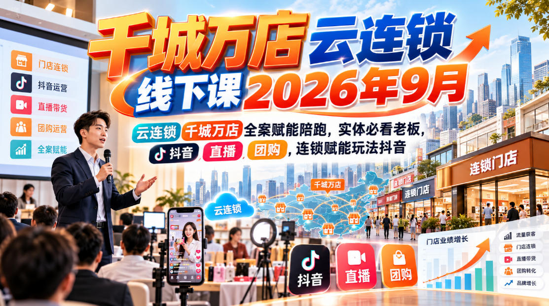 千城万店云连锁线下课2026年9月，云连锁千城万店全案赋能陪跑，实体必看老板，抖音，直播，团购，连锁赋能玩法抖音-云科数创