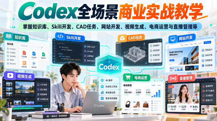 【无水印】Codex全场景商业实战教学，掌握知识库、Skill开发、CAD任务、网站开发、视频生成、电商运营与直播管理等-云科数创