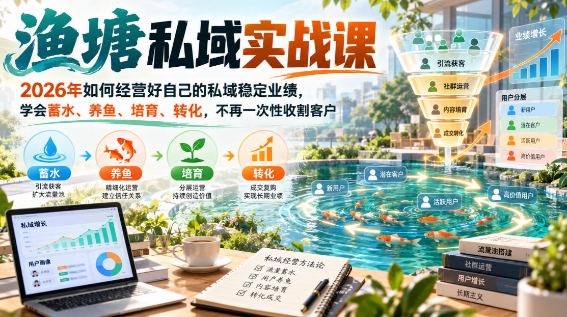 渔塘私域实战课，2026年如何经营好自己的私域稳定业绩，学会蓄水、养鱼、培育、转化，不再一次性收割客户-云科数创