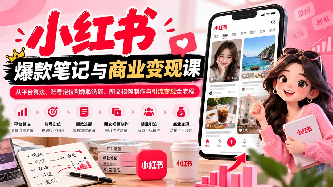 2026小红书爆款笔记与商业变现课：从平台算法、账号定位到爆款选题、图文视频制作与引流变现全流程-云科数创