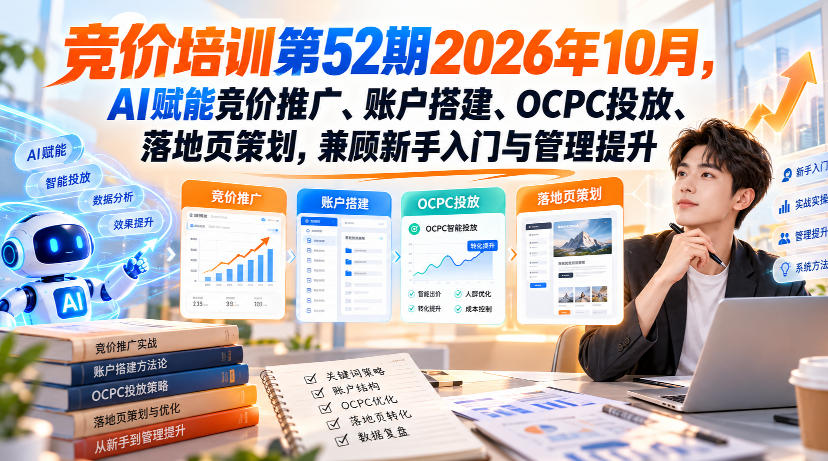 【无水印】竞价培训第52期2026年10月，AI赋能竞价推广、账户搭建、OCPC投放、落地页策划，兼顾新手入门与管理提升-云科数创