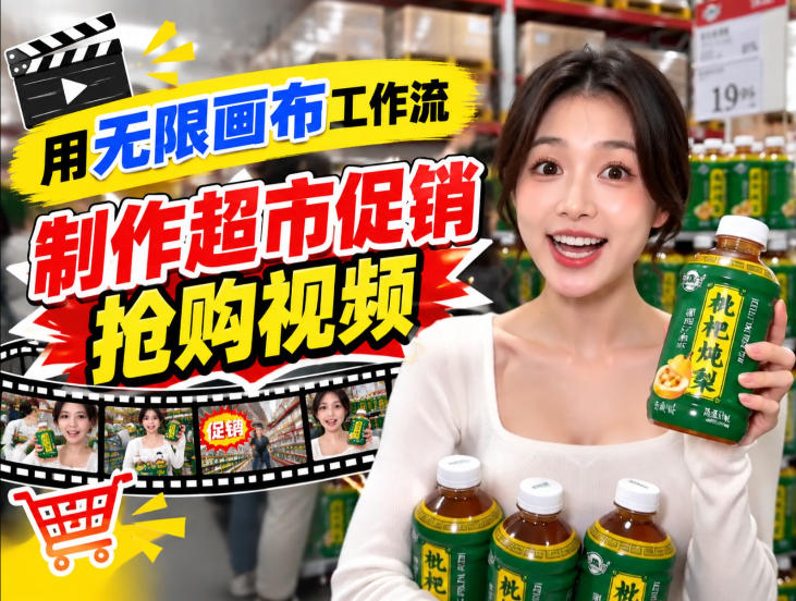 无限画布超市促销抢购视频工作流，一键产出TikTok抖音带货短视频-云科数创