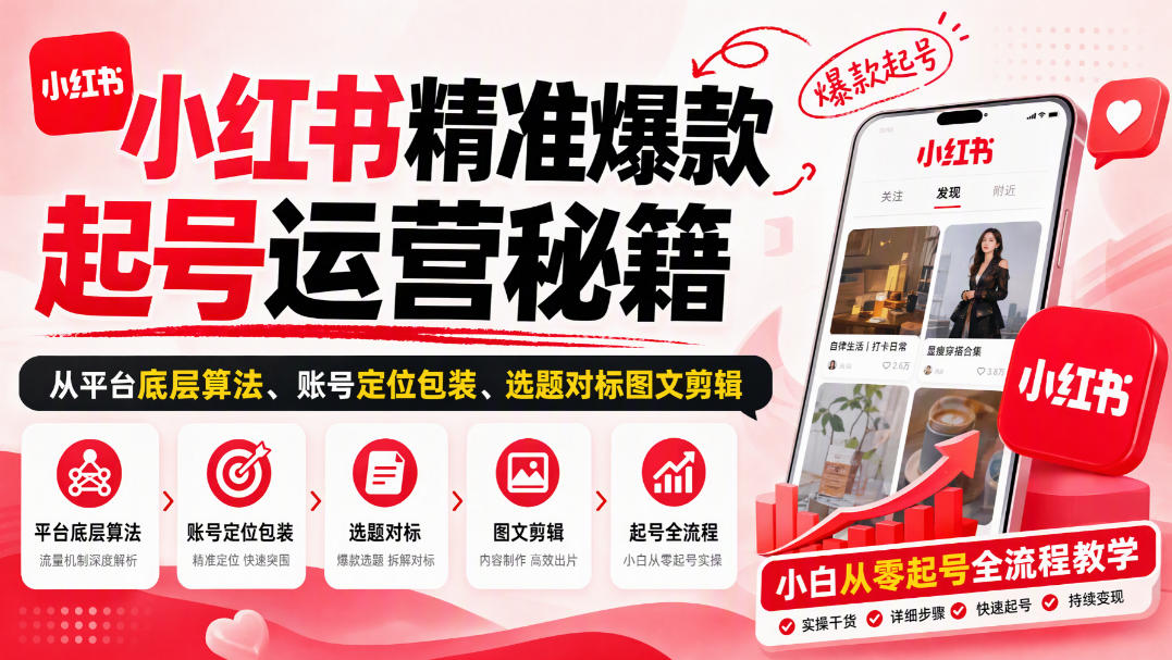 小红书精准爆款起号运营秘籍，从平台底层算法、账号定位包装、选题对标图文剪辑，小白从零起号全流程-云科数创