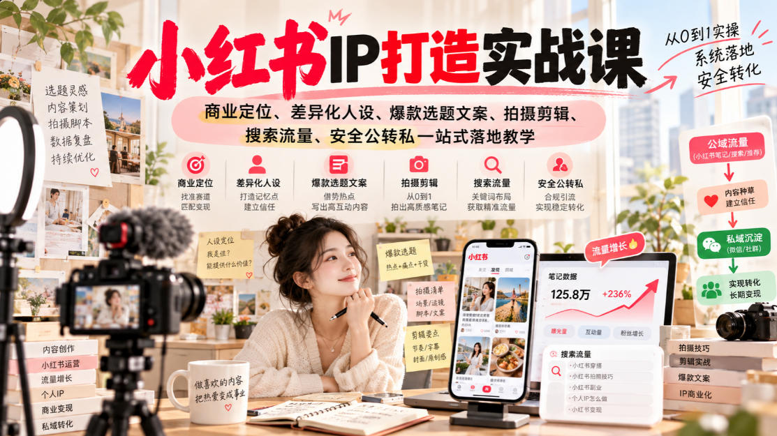 小红书ip打造实战课，商业定位、差异化人设、爆款选题文案、拍摄剪辑、搜索流量、安全公转私一站式落地教学-云科数创