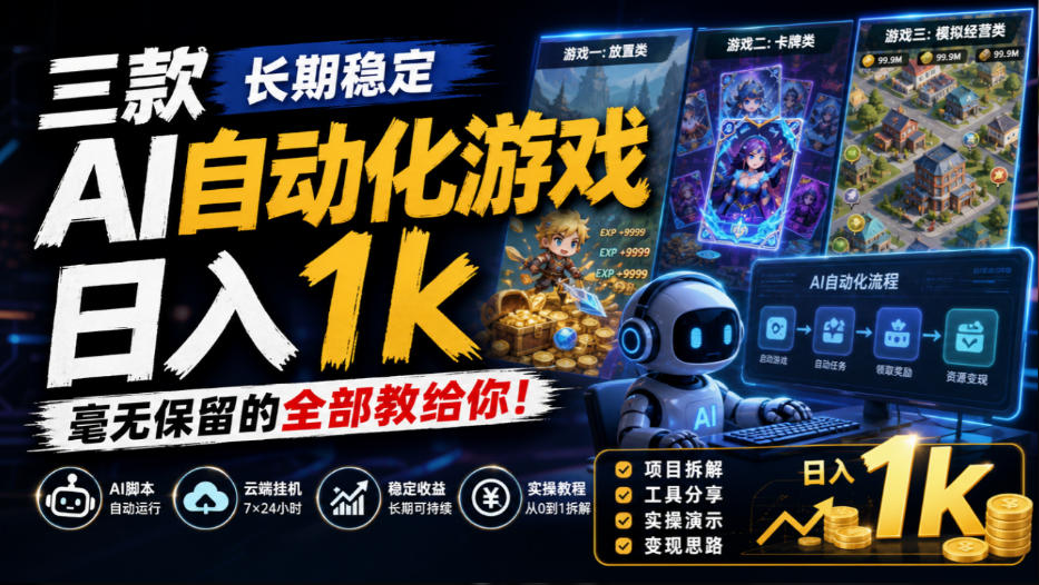 三款长期稳定AI自动化游戏，日入1k，毫无保留的全部教给你！【揭秘】-云科数创