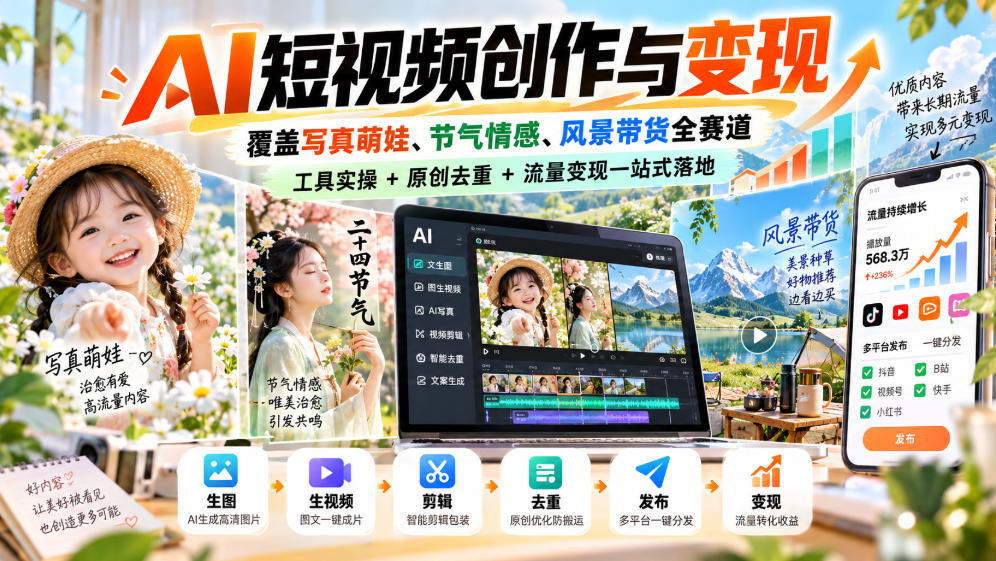 AI短视频创作与变现，覆盖写真萌娃、节气情感、风景带货全赛道，工具实操+原创去重+流量变现一站式落地-云科数创