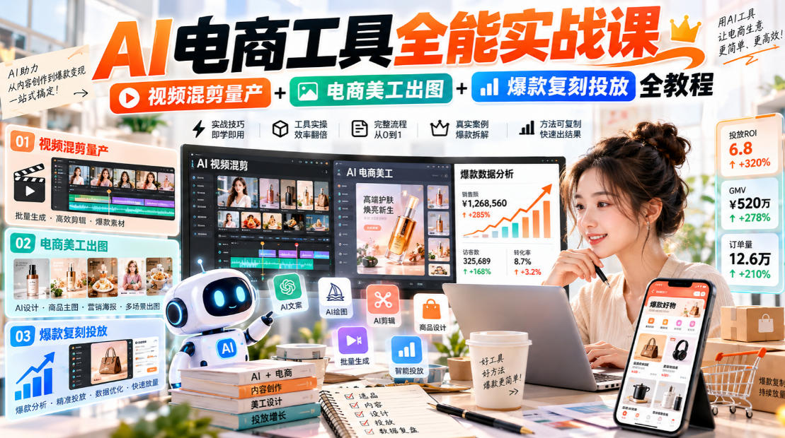 AI电商工具全能实战教学，视频混剪量产+电商美工出图+爆款复刻投放全教程​-云科数创