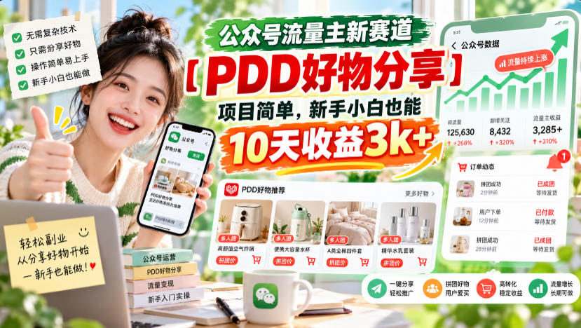 公众号流量主新赛道【PDD好物分享】，项目简单，新手小白也能10天收益3k+-云科数创