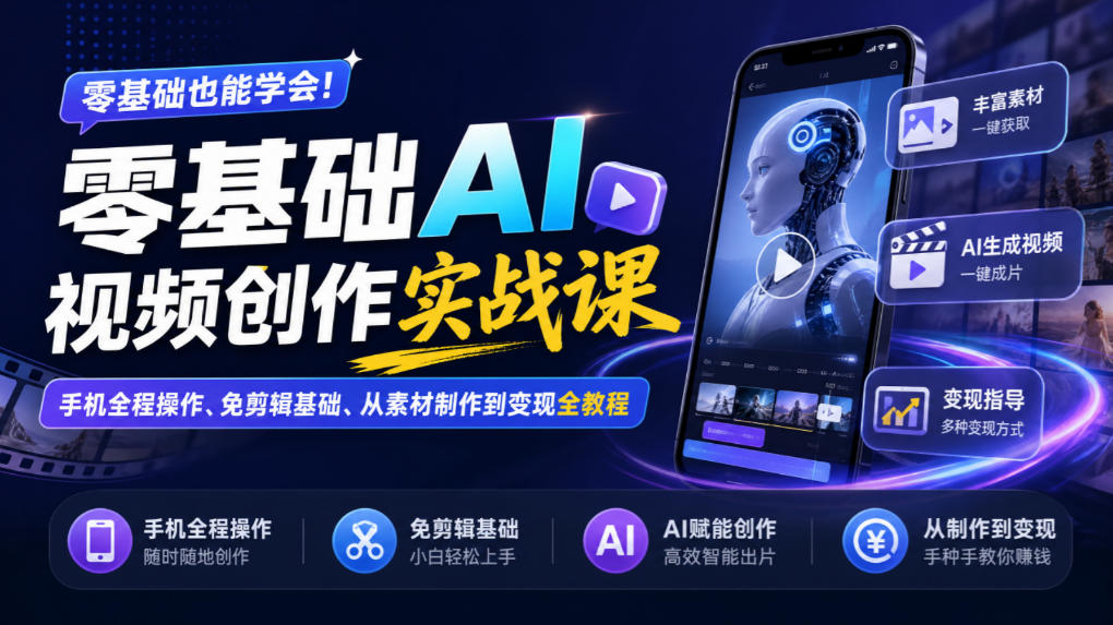零基础AI视频创作实战课｜手机全程操作、免剪辑基础、从素材制作到变现全教程​-云科数创