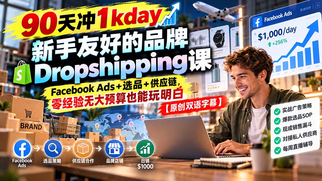 90天冲1kday 新手友好的品牌Dropshipping课：Facebook Ads+选品+供应链，零经验无大预算也能玩明白【原创双语字幕】-云科数创