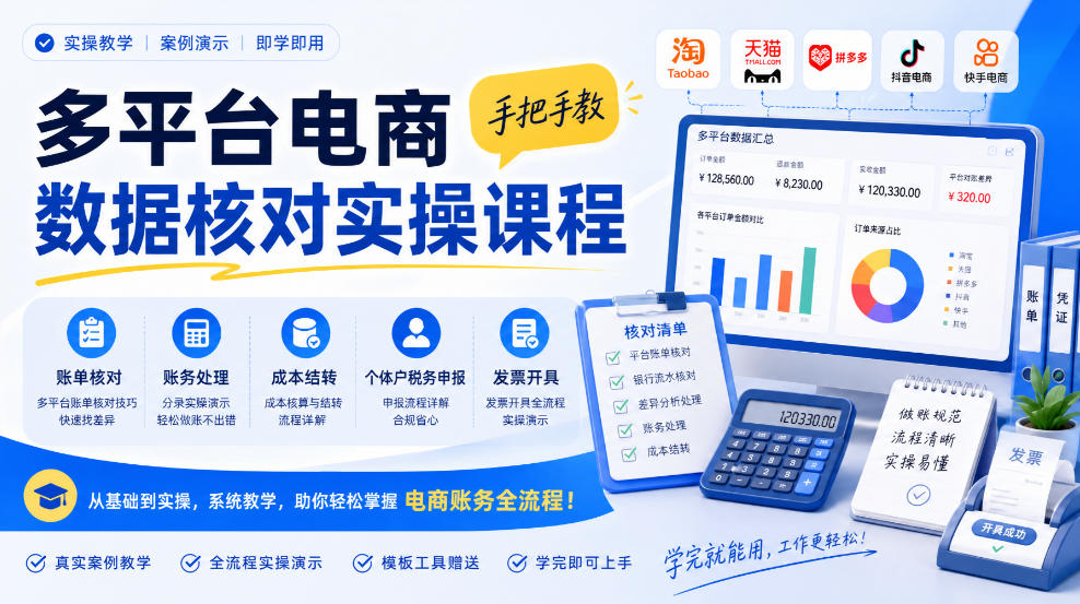 多平台电商数据核对实操课程，手把手教账单核对、账务处理、成本结转、个体户税务申报与发票开具-云科数创