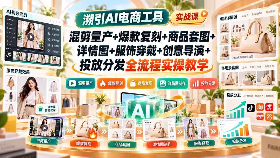溯引AI电商工具实战课：混剪量产+爆款复刻+商品套图+详情图+服饰穿戴+创意导演+投放分发全流程实操教学-云科数创