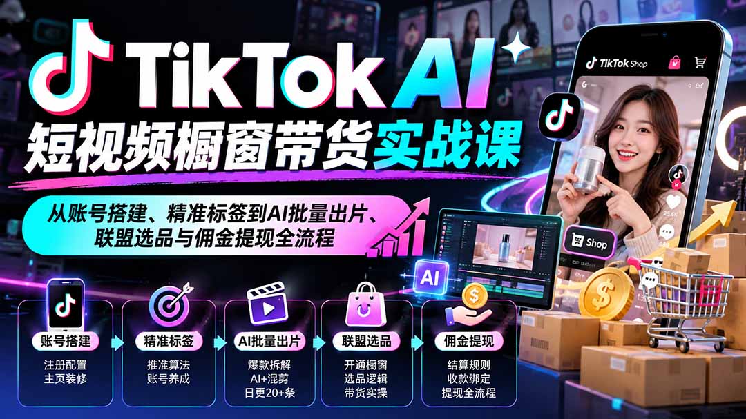 TikTok AI短视频橱窗带货实战课：从账号搭建、精准标签到AI批量出片、联盟选品与佣金提现全流程-云科数创