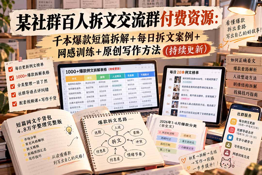 某社群百人拆文交流群付费资源-更新0929：千本爆款短篇拆解+每日拆文案例+网感训练+原创写作方法-云科数创