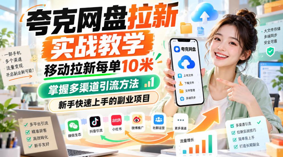 夸克网盘拉新实战教学，移动拉新每单10米，掌握多渠道引流方法，新手快速上手的副业项目(更新0929)-云科数创